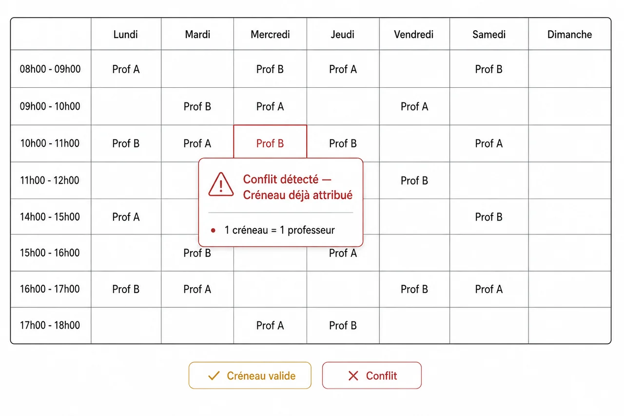 Schéma planning hebdomadaire avec détection automatique des conflits de créneaux : 1 prof par créneau, modal d'erreur en cas de double affectation