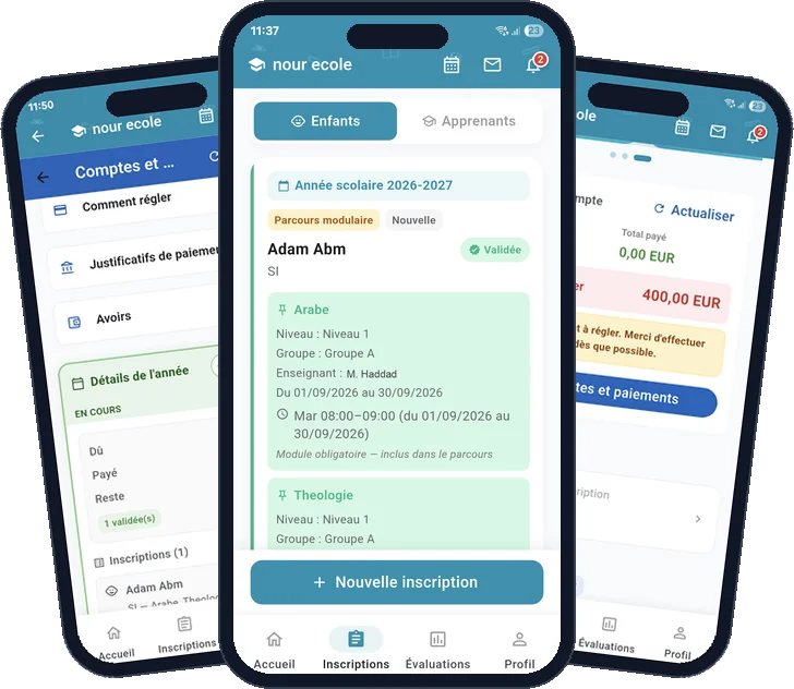 L'application familles ElMajdSchool sur trois téléphones