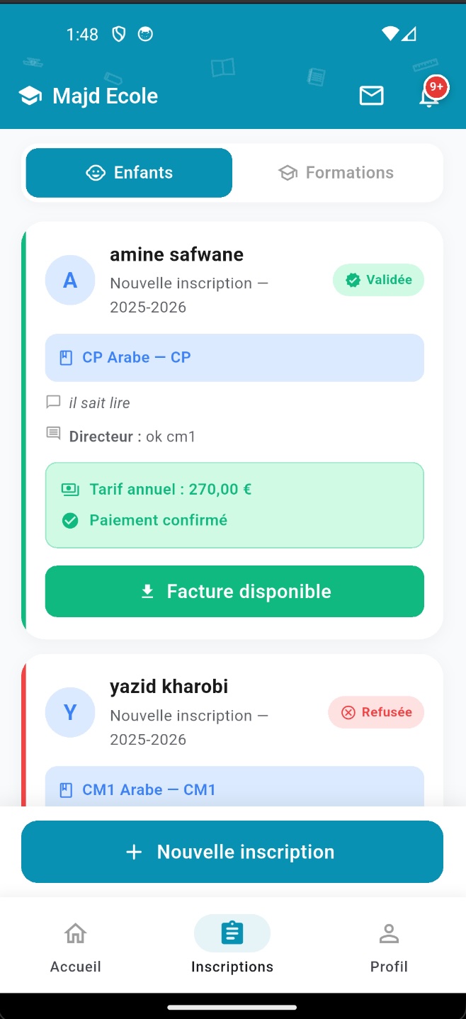 Application mobile ElMajdSchool — suivi des inscriptions avec statut en temps réel et paiements