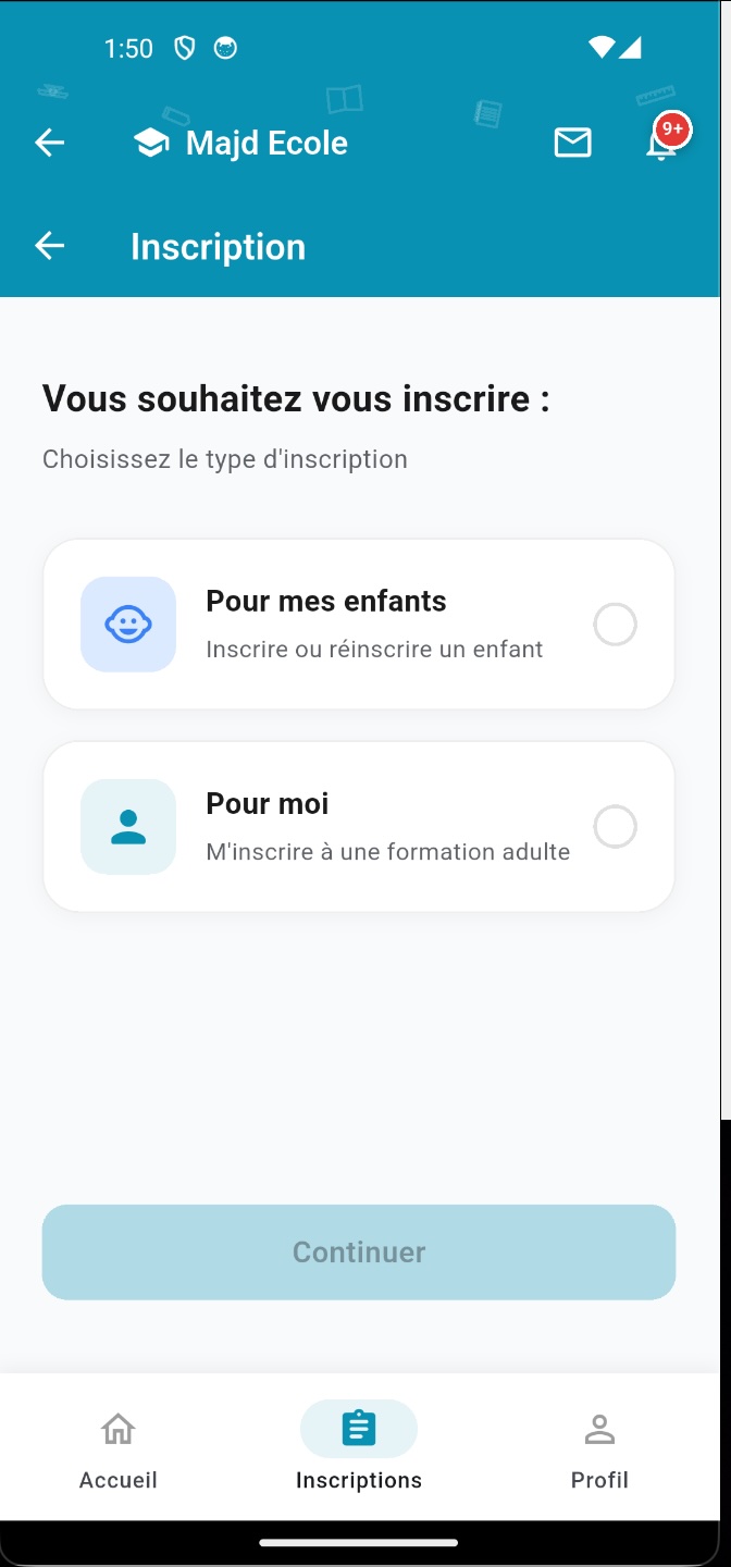 Application mobile ElMajdSchool — formulaire de nouvelle inscription enfant ou formation adulte